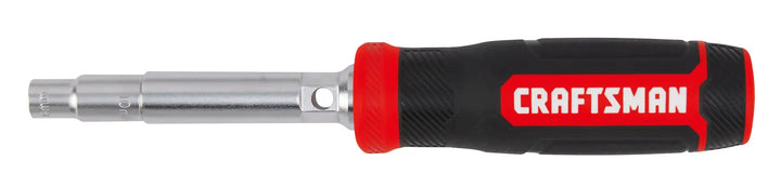 Photo of Craftsman CMHT68022 multi-bit screwdriver with black and red handle, side angle, on white background.