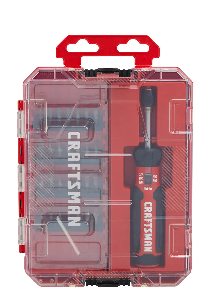 Photo of CRAFTSMAN torque screwdriver set CMHT68130 in clear red plastic case, shown from top angle.