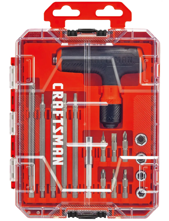 Craftsman CMHT68133 screwdriver and bit set in clear red storage case, front angle photo.