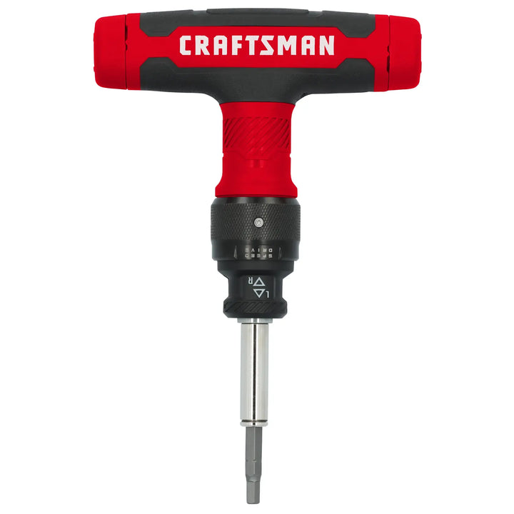 A CRAFTSMAN branded ratcheting T-handle screwdriver with a red and black handle and interchangeable bit.