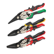 Craftsman CMHT73558 set of three aviation snips with colored handles, side angle, white background.