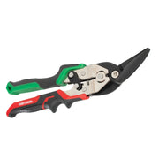Craftsman CMHT73560 aviation snip with angled black blades, red and green handle, white background side view.