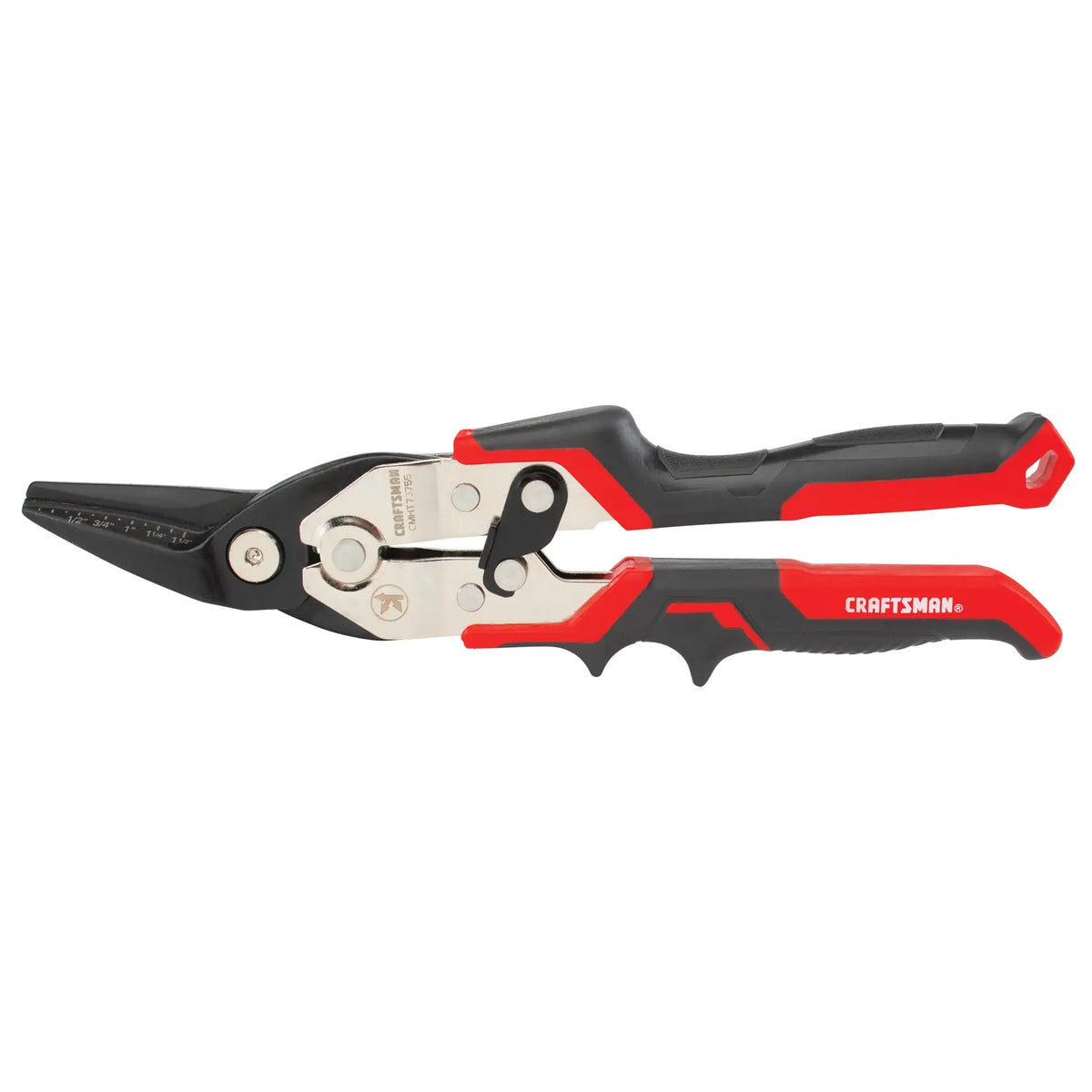 Photo of Craftsman CMHT73755 aviation snips with black and red ergonomic handle, side angle.