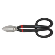 Photo of Craftsman tin snips with black handles, silver blade, SKU CMHT73992, front view on white background.