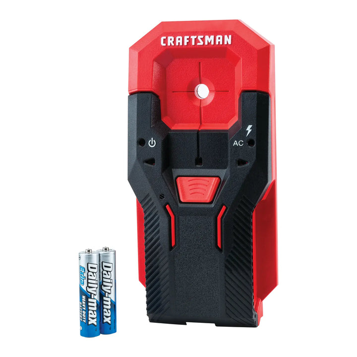 Craftsman CMHT77620 stud finder, red and black, front angle, with two AA batteries included.