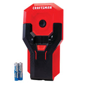 Photo of Craftsman CMHT77621 red and black electronic stud finder, front view, with two batteries beside it.