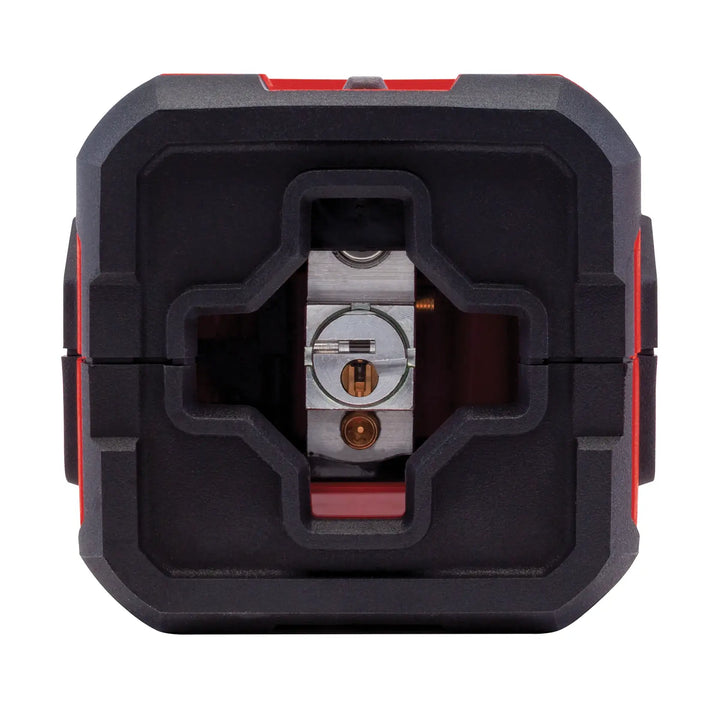 Close-up front view of a black and red cross line laser level, showing the lens and internal mechanism through a cross-shaped opening.