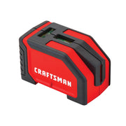 Photo of Craftsman red and black self-leveling laser level, SKU CMHT77634, angled view on white background.