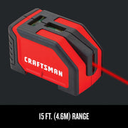 Craftsman red and black laser level CMHT77634, angled view, emits red laser beam.
