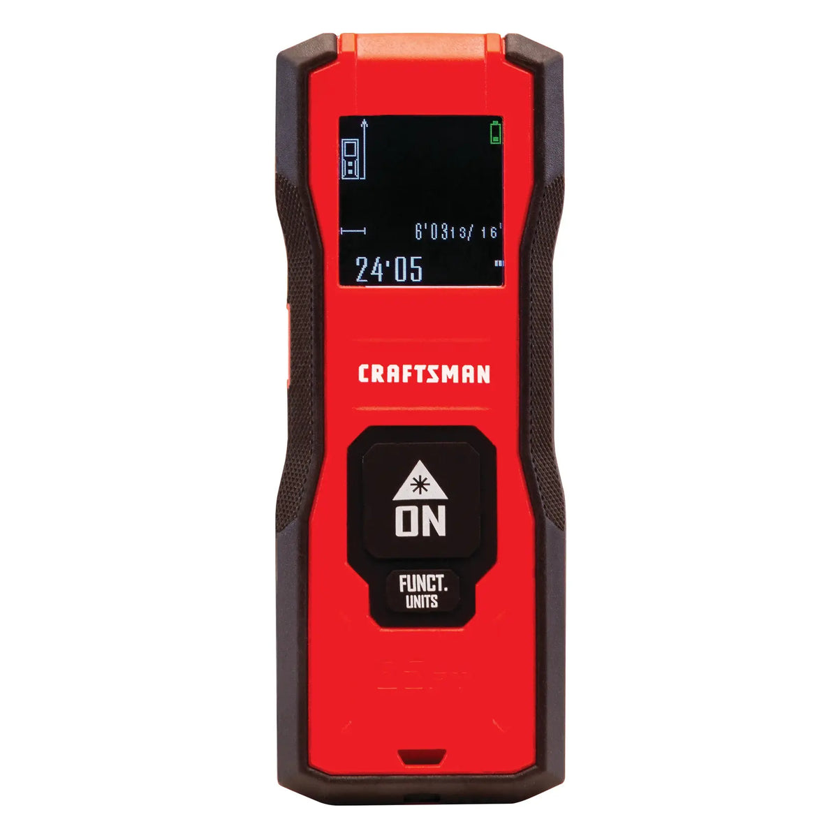 Photo of Craftsman laser distance measurer CMHT77638, red and black, front view with digital display and buttons.
