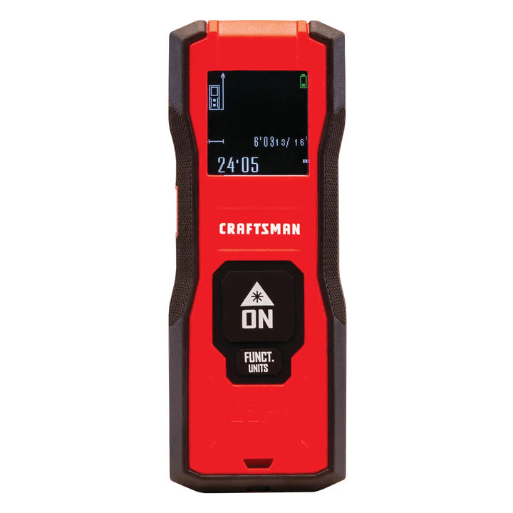 Photo of Craftsman laser distance measurer CMHT77638, red and black, front view with digital display and buttons.