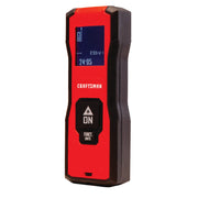 Photo of CRAFTSMAN CMHT77638 laser distance measurer in red and black, angled view, digital screen visible.