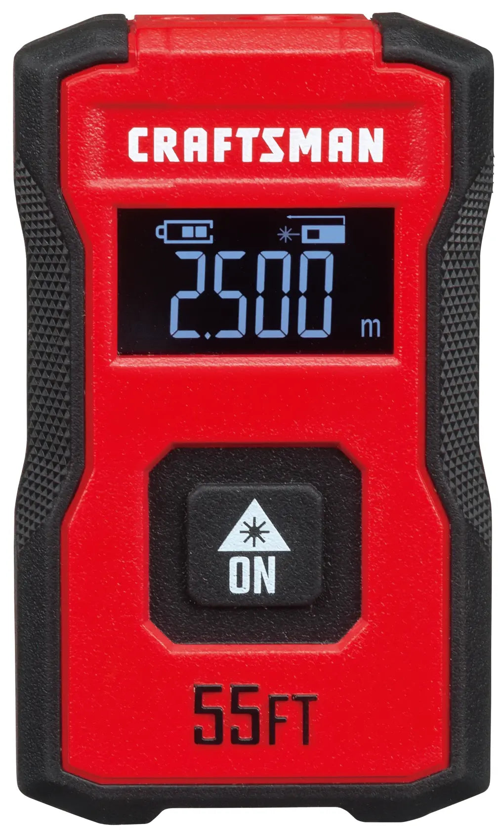 Front angle photo of Craftsman laser distance measurer CMHT77721, red and black, with digital display, 55FT range.