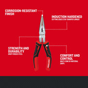 Photo of Craftsman long nose pliers CMHT81644 with red and black grips, shown upright on a red background highlighting key features.