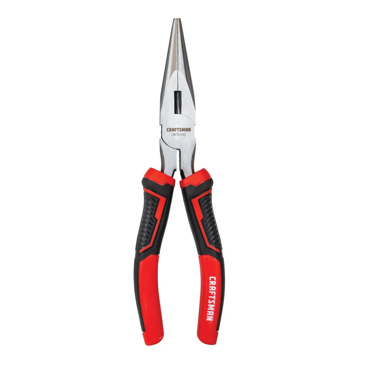 Craftsman CMHT81645 long nose pliers with red and black grip handles, front angle, white background.