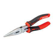 Photo of Craftsman CMHT81645 long nose pliers with red and black ergonomic handles, angled on white background.