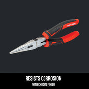 Craftsman long nose pliers CMHT81645 with red and black grip, chrome finish, angled on white background.