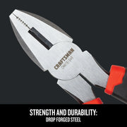Photo of Craftsman CMHT81648 steel pliers with red and black handles, close-up on drop forged steel jaws.