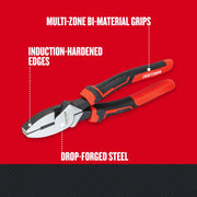 Photo of Craftsman graphics pliers CMHT81649 with red and black bi-material grips, drop-forged steel, white background angle.