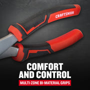 Close-up of Craftsman CMHT81713 plier handles with red and black multi-zone bi-material grips, angled view.
