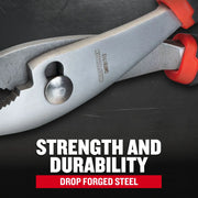 Photo of Craftsman CMHT81713 steel pliers with red grips, angled view, graphics noting strength and durability.