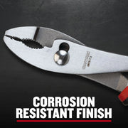 Photo of Craftsman slip joint pliers CMHT81713 with metal jaws and red handle, shown against black background.