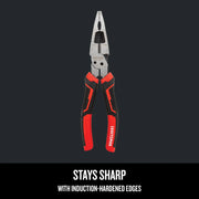 Craftsman CMHT81715 pliers with red and black grips, induction-hardened edges, front angle on dark background.