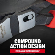 Photo of Craftsman compound action pliers with red handles, close-up on the hinge, CMHT81718.