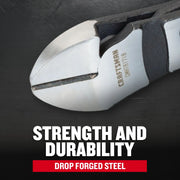 Close-up of Craftsman CMHT81718 diagonal cutting pliers with drop forged steel construction, graphics background.