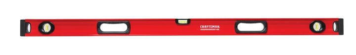 Photo of Craftsman CMHT82347 red box beam level with three bubble vials, front angle, white background.