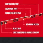 Photo of Craftsman box beam level CMHT82347 with red aluminum body, continuous edge, block and bridged vials, shock-absorbing rubber end cap, angled on white background.