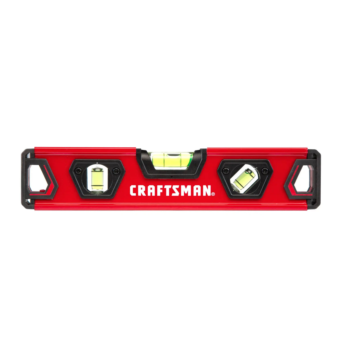 Photo of CRAFTSMAN red box level CMHT82390 with three bubble vials, front view on white background.