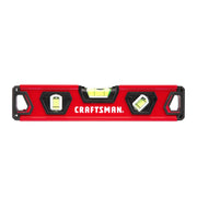 Photo of CRAFTSMAN red box level CMHT82390 with three bubble vials, front view on white background.