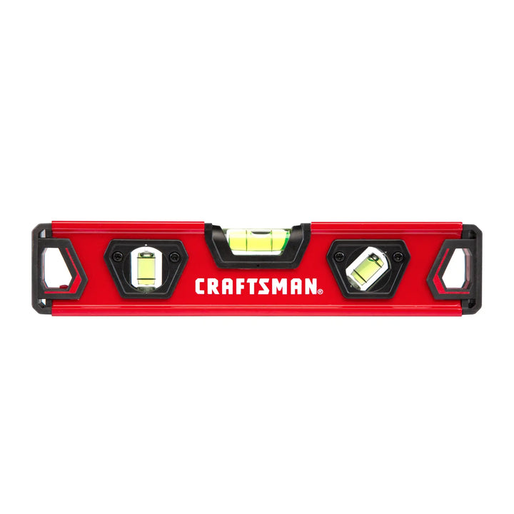 Photo of CRAFTSMAN red box level CMHT82390 with three bubble vials, front view on white background.