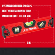 Craftsman 9-in red aluminum level with rubber end caps, magnified vial, SKU CMHT82390, front angle.
