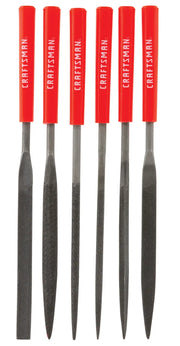 Photo of Craftsman CMHT82529 file set with six metal files, red handles, front view on white background.