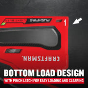 Craftsman graphics CMHT82642 close-up showing red bottom load design with pinch latch and PUSHFIRE label.