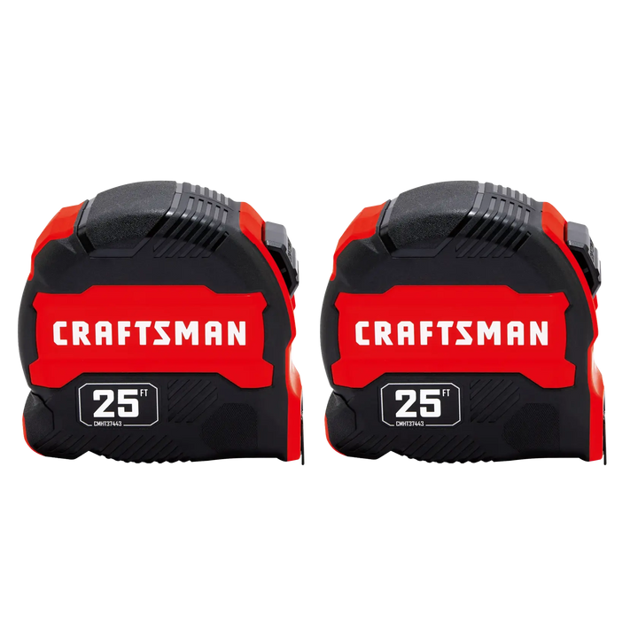 Photo of two Craftsman 25 ft tape measures CMHT95625S, front view, black and red casing, white background.