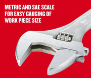 Photo of Craftsman adjustable wrench CMMT12001 with metric and SAE scale, closeup on red background.