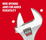 Craftsman adjustable wrench CMMT12001 close-up showing wide opening jaws on red background with text highlighting versatility.