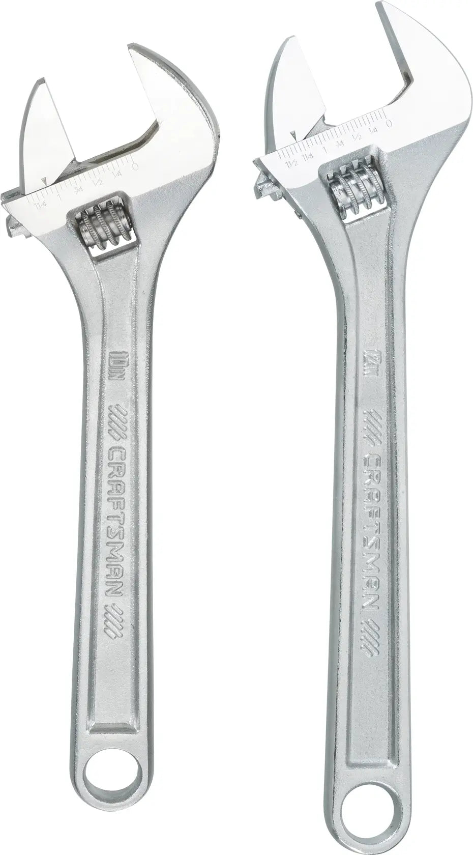 Photo of two silver Craftsman adjustable wrenches, SKU CMMT12002, front angle, on white background.
