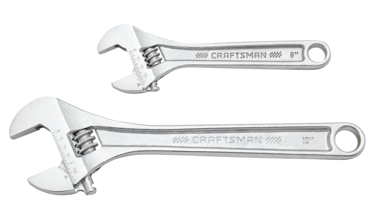 Photo of two silver Craftsman adjustable wrenches, models CMMT12006, 8 inch and 10 inch, side view on white background.