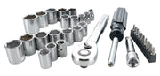 Photo of Craftsman socket and ratchet set, SKU CMMT12013, including chrome sockets, ratchet, screwdriver, and bits, angled view.
