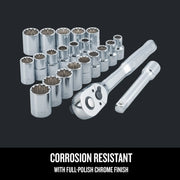 Photo of Craftsman socket set with ratchet, extension bar, and multiple chrome sockets, CMMT12015, front angle.