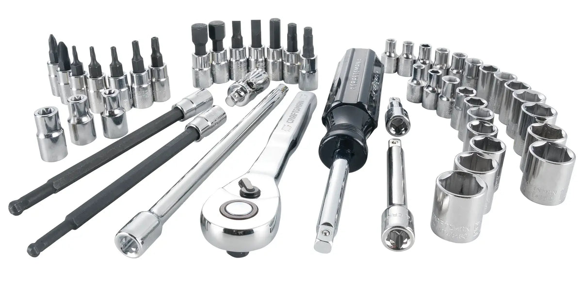 Craftsman CMMT12017 socket and ratchet set, silver tools on white background, front angle.