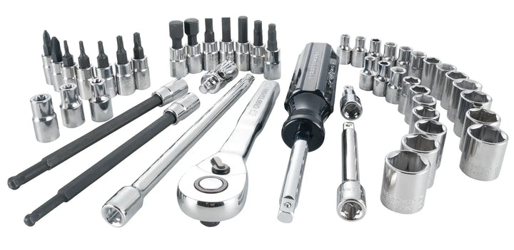 Craftsman CMMT12017 socket and ratchet set, silver tools on white background, front angle.