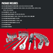 CRAFTSMAN graphics CMMT12017 photo of 1/4-in. drive socket and bit set, ratchet, extensions, screwdriver, front angle.