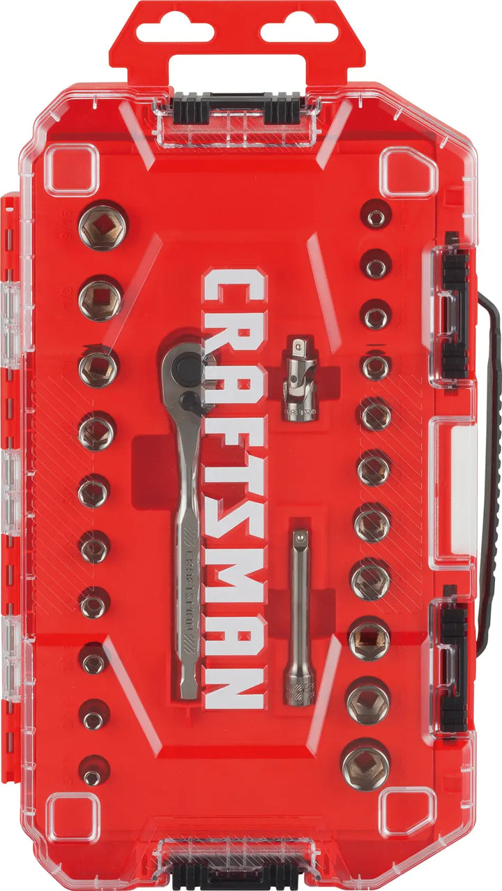 Photo of CRAFTSMAN socket set CMMT12028 with ratchet and sockets in a red plastic case, top view, on white background.