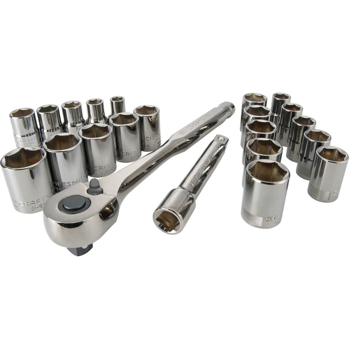 Photo of CRAFTSMAN ratchet, extension bar, and multiple sockets set, SKU CMMT12030, on white background.