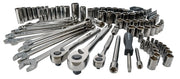 Craftsman CMMT12033 chrome socket set with ratchets, wrenches, and screwdriver, front angle on white background.